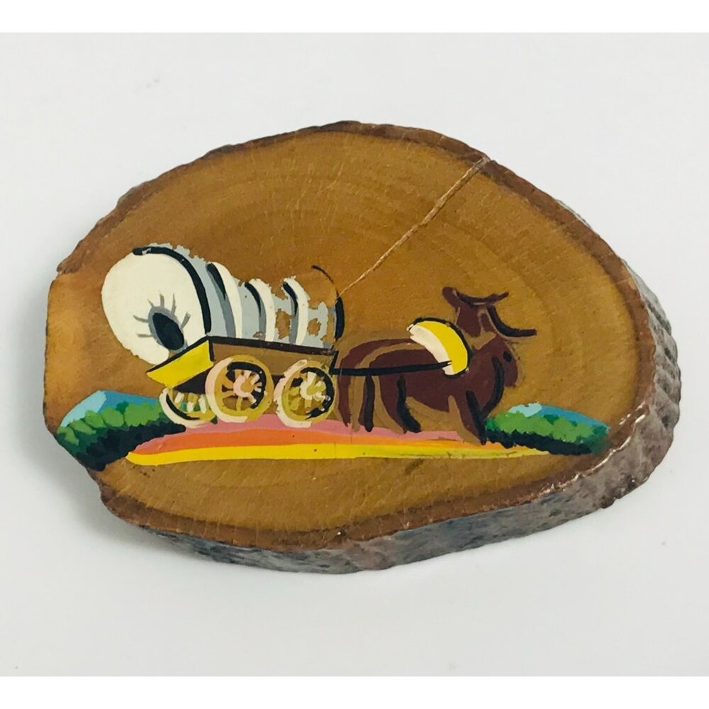 Vintage Hand Painted Wood Brooch Western Theme Wagon & Horse Handmade Old West